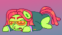 Size: 500x284 | Tagged: safe, artist:grinwild, character:tree hugger, blood, female, glasses, lying down, nosebleed, pixel art, solo