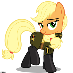 Size: 3000x3000 | Tagged: safe, artist:a4r91n, character:applejack, bedroom eyes, clothing, female, looking at you, military uniform, pose, raised leg, sergeant, simple background, smiling, solo, soviet, soviet union, tanker, transparent background, uniform, vector