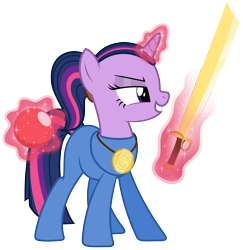 Size: 4852x4994 | Tagged: safe, artist:zutheskunk traces, character:twilight sparkle, species:pony, species:unicorn, absurd resolution, alternate hairstyle, crossover, female, grin, lba, levitation, lidded eyes, little big adventure, magic, mare, medal, necklace, ponytail, simple background, smiling, solo, sword, telekinesis, transparent background, twinsen, vector, vector trace, weapon