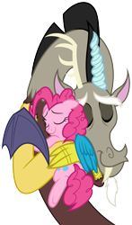 Size: 2943x4996 | Tagged: safe, artist:mickeymonster, artist:zutheskunk traces, character:discord, character:pinkie pie, species:draconequus, species:earth pony, species:pony, ship:discopie, chest fluff, cute, diapinkes, discute, eyes closed, female, floppy ears, happy, hug, male, mare, shipping, simple background, smiling, straight, transparent background, vector, vector trace