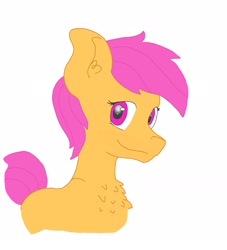 Size: 1877x2063 | Tagged: safe, artist:andandampersand, derpibooru original, character:scootaloo, species:pegasus, species:pony, bust, colored, digital, female, filly, fluffy, i forgot the damn wings again, simple background, smiling, solo, wip
