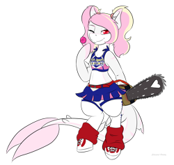 Size: 1024x969 | Tagged: safe, artist:celestialoddity, oc, oc only, oc:rainy skies, species:pony, belt, bipedal, candy, chainsaw, cheerleader, clothing, costume, food, lollipop, lollipop chainsaw, midriff, one eye closed, original species, pigtails, shark, shark pony, shoes, skirt, sneakers, socks, solo, stockings, wink