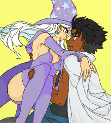 Size: 900x1000 | Tagged: safe, artist:eulicious, character:thorax, character:trixie, species:human, bridal carry, carrying, dark skin, eye contact, humanized, looking at each other, male, shipping, simple background, smiling, straight, thoraxie, trixie's hat, yellow background