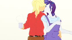 Size: 1000x562 | Tagged: safe, artist:eulicious, character:applejack, character:rarity, species:human, ship:rarijack, apron, clothing, coffee, cup, eyes closed, female, humanized, kissing, lesbian, missing freckles, shipping, shirt, simple background, white background