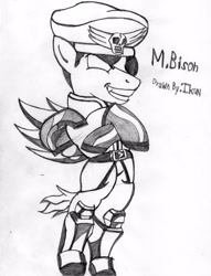 Size: 2477x3239 | Tagged: dead source, safe, artist:ikuntyphoon, species:earth pony, species:pony, crossover, drawing, eyepatch, grayscale, m. bison, monochrome, ponified, solo, street fighter