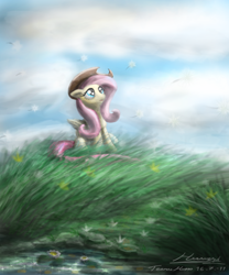 Size: 2000x2400 | Tagged: safe, artist:huussii, character:fluttershy, accessory swap, applejack's hat, clothing, cowboy hat, dandelion, female, folded wings, hat, looking at something, looking up, sitting, solo, stetson, windy