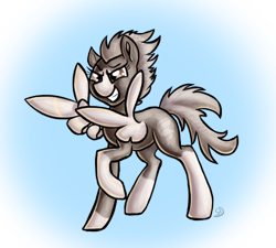 Size: 500x450 | Tagged: safe, artist:sallindaemon, oc, oc only, oc:dusty wing, species:pegasus, species:pony, feather guns, female, finger gun, finger guns, glare, gradient background, grin, lidded eyes, mare, raised hoof, smiling, smirk, solo, spread wings, wing hands, wings
