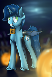 Size: 1101x1625 | Tagged: safe, artist:toanderic, oc, oc only, oc:sweet cakes, species:pony, species:unicorn, candy, cardboard wings, clothing, costume, duct tape, food, halloween, night, pumpkin, simple background, solo, sweets