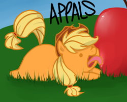 Size: 500x400 | Tagged: safe, artist:xarakayx, character:applejack, bean bag pony, female, licking, solo, that pony sure does love apples, tongue out