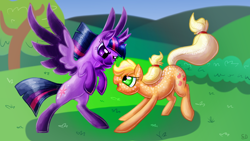 Size: 800x450 | Tagged: safe, artist:sallindaemon, character:applejack, character:twilight sparkle, character:twilight sparkle (alicorn), species:alicorn, species:pony, alternate design, colored wings, colored wingtips, cute, dappled, eye contact, freckles, glare, looking at each other, open mouth, rearing, smirk, spread wings, wings