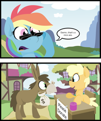 Size: 2998x3565 | Tagged: dead source, safe, artist:jittery-the-dragon, character:rainbow dash, oc, species:donkey, bait and switch, charity, comic, eye contact, innocent innuendo, looking at each other, money, money bag, open mouth, pun, smiling, sunglasses, table, visual gag, vulgar, wide eyes
