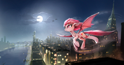 Size: 1672x875 | Tagged: safe, artist:ramiras, oc, oc only, oc:blood moon, species:bat pony, species:pony, aircraft, bridge, city, cityscape, crystaller building, female, flying, full moon, lights, manehattan, mare, night, pier, piers, scenery, signature, solo, statue of friendship, wavy mouth