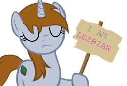 Size: 900x607 | Tagged: safe, artist:marianokun, oc, oc only, oc:littlepip, species:pony, species:unicorn, fallout equestria, captain obvious, eyes closed, fanfic, fanfic art, female, horn, lesbian, mare, sign, simple background, solo, text, transparent background