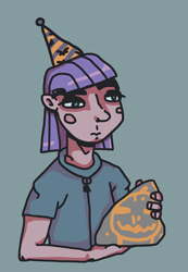 Size: 716x1032 | Tagged: safe, artist:grinwild, character:maud pie, species:human, clothing, female, halloween, hat, holiday, humanized, jack-o-lantern, pumpkin, rock, solo