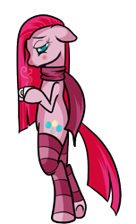 Size: 459x757 | Tagged: safe, artist:ponycide, character:pinkamena diane pie, character:pinkie pie, species:pony, bipedal, clothing, female, scarf, socks, solo, striped socks