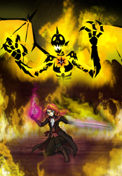 Size: 630x906 | Tagged: safe, artist:crydius, character:sunset shimmer, species:human, badass, bloodborne, clothing, crossover, demon, element of magic, fire, humanized, magic, story included, sword, weapon
