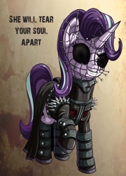 Size: 1500x2083 | Tagged: safe, artist:starbat, character:starlight glimmer, species:pony, species:unicorn, g4, black sclera, cenobite, clothing, cosplay, costume, crossover, edgelight glimmer, evil grin, female, grin, halloween, hellraiser, mare, metal as fuck, pinhead, ponified, smiling, solo