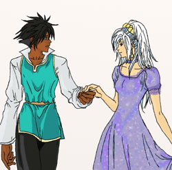 Size: 1260x1245 | Tagged: safe, artist:eulicious, character:thorax, character:trixie, species:human, clothing, dark skin, dress, holding hands, humanized, looking at each other, male, shipping, simple background, sparkles, straight, thoraxie