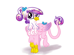 Size: 1024x768 | Tagged: safe, artist:kuromi, character:princess cadance, species:griffon, bow, chest fluff, cute, cutedance, female, fluffy, griffonized, hair bow, looking at you, ponytail, raised hoof, raised leg, simple background, smiling, solo, species swap, tail bow, teen princess cadance, white background