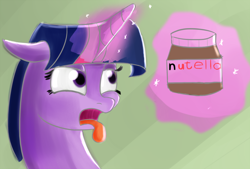 Size: 1280x864 | Tagged: safe, artist:itsthinking, character:twilight sparkle, bust, disgusted, female, floppy ears, food, frown, glowing horn, levitation, lidded eyes, magic, nutella, open mouth, portrait, solo, telekinesis, tongue out, wat