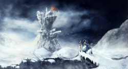 Size: 3331x1796 | Tagged: safe, artist:nemo2d, character:star swirl the bearded, blizzard, bridge, cape, cliff, clothing, hat, house, magic, male, night sky, scenery, snow, snowfall, solo, staff, tundra, wizard hat