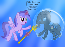 Size: 3101x2250 | Tagged: safe, artist:bladedragoon7575, character:sea swirl, oc, oc:savvy, species:alicorn, species:changeling, species:pony, alicornified, aquaphilia, bubble, bubble fetish, changeling oc, gills, in bubble, magic, peril, race swap, swirlicorn, this will end in drowning, trident, underwater