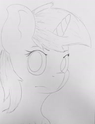 Size: 1701x2202 | Tagged: safe, artist:andandampersand, derpibooru original, oc, oc only, oc:littlepip, species:pony, species:unicorn, fallout equestria, black and white, bust, fanfic, fanfic art, female, grayscale, horn, lineart, mare, monochrome, portrait, simple background, solo, white background, wip