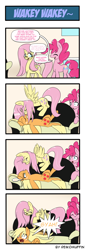 Size: 660x1914 | Tagged: safe, artist:reikomuffin, character:applejack, character:fluttershy, character:pinkie pie, ship:appleshy, blushing, comic, female, glasses, kissing, lesbian, loose hair, missing accessory, shipping, sleeping