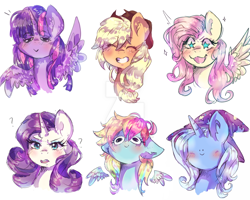 Size: 1024x819 | Tagged: safe, artist:dream--chan, character:applejack, character:fluttershy, character:rainbow dash, character:rarity, character:trixie, character:twilight sparkle, character:twilight sparkle (alicorn), species:alicorn, species:pony, species:unicorn, blushing, bust, eyes closed, faec, floppy ears, grin, looking at you, portrait, question mark, sketch, smiley face, smiling, spread wings, starry eyes, wat, wingding eyes, wings, woll smoth