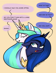 Size: 3900x5100 | Tagged: safe, artist:poecillia-gracilis19, character:princess celestia, character:princess luna, species:alicorn, species:pony, absurd resolution, cute, cutelestia, dialogue, duo, eyes closed, floppy ears, frown, grin, hoof shoes, hug, jewelry, lidded eyes, open mouth, regalia, royal sisters, shhh, smiling, unamused