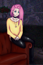 Size: 1000x1500 | Tagged: safe, artist:kira-minami, character:fluttershy, species:human, breasts, clothing, couch, cute, cutie mark necklace, delicious flat chest, female, flattershy, goth, humanized, jewelry, looking at you, necklace, pants, room, scenery, shyabetes, sitting, smiling, solo, tight clothing