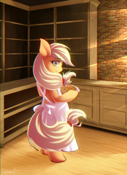 Size: 951x1309 | Tagged: safe, artist:coma392, character:applejack, species:pony, apron, bipedal, clothing, cookie, crepuscular rays, female, food, looking back, smiling, solo
