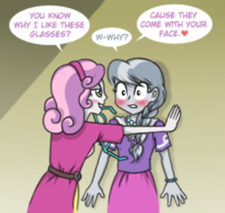 Size: 400x379 | Tagged: safe, artist:crydius, character:silver spoon, character:sweetie belle, ship:silverbelle, my little pony:equestria girls, blouse, blushing, bracelet, braid, clothing, dress, female, flirting, glasses, jewelry, kabedon, lesbian, mouth hold, necklace, pick up line, shipping, skirt, smooth as fuck