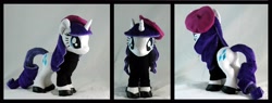 Size: 4012x1520 | Tagged: safe, artist:whiteheather, character:rarity, beatnik rarity, beret, clothing, hat, irl, photo, plushie, shoes, solo, sweater, turtleneck