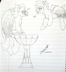 Size: 1324x1444 | Tagged: safe, artist:summerium, oc, oc only, oc:darius, oc:summer lights, species:pegasus, species:pony, angry, behaving like a bird, bird bath, black and white, duo, fight, flying, grayscale, hissing, lined paper, monochrome, sitting, spread wings, traditional art, wings