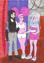 Size: 4934x6980 | Tagged: safe, artist:metaldudepl666, character:pinkie pie, oc, oc:shadow sketch, oc:vocal sweets, my little pony:equestria girls, absurd resolution, backstage, beard, belly button, black metal, bracer, breasts, busty pinkie pie, clothing, concert, crayon drawing, cutie mark, dark circles, edgy, facial hair, female, fingerless gloves, glans, gloves, hairband, heavy metal, jeans, metal, microphone, midriff, pants, pinkie puffs, pinktails pie, shoes, shorts, skirt, smiling, sneakers, socks, sports bra, stage, tank top, top, traditional art, vambrace