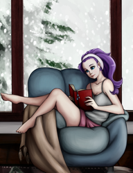 Size: 1475x1925 | Tagged: safe, artist:kira-minami, character:rarity, species:human, barefoot, book, bookmark, clothing, feet, female, hairband, humanized, indoors, scenery, shorts, snow, snowfall, solo, window