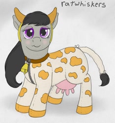 Size: 1050x1121 | Tagged: safe, artist:ratwhiskers, character:octavia melody, species:cow, species:earth pony, species:pony, blushing, clothing, costume, cow girl, cowprint, female, footed sleeper, mootavia, pajamas, solo, udder