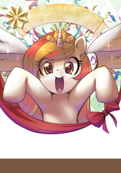 Size: 3541x5016 | Tagged: safe, artist:coma392, oc, oc only, oc:poniko, species:alicorn, species:pony, alicorn oc, crown, cute, japan ponycon, jewelry, looking at you, ocbetes, open mouth, raised hoof, regalia, smiling, solo