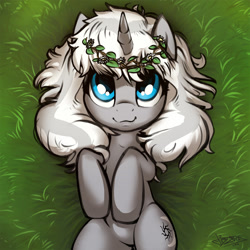 Size: 1200x1199 | Tagged: safe, artist:fidzfox, oc, oc only, oc:frozen raine, species:pony, species:unicorn, catface, field, floral head wreath, flower, garland, grass, hooves up, looking at you, meadow, on back, rolling, solo, wreath