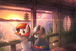 Size: 4134x2761 | Tagged: safe, artist:coma392, oc, oc only, oc:poniko, oc:rokuchan, species:earth pony, species:pony, absurd resolution, cherry blossoms, crepuscular rays, duo, female, flower, japan, japan ponycon, looking at you, looking back, looking back at you, mare, open mouth, sunset, water, yukata