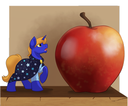 Size: 1200x1000 | Tagged: safe, artist:itstaylor-made, oc, oc only, oc:star bright, species:pony, species:unicorn, apple, cape, clothing, food, male, micro, shrinking, solo, stallion