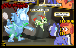 Size: 1240x786 | Tagged: safe, artist:christhes, oc, oc only, oc:gracenote, oc:maple leaf, species:pony, brush, butt, collar, cropped, crossover, female, jabba's palace, mare, oola, plot, rancor pit, spike's statue, star mares, star wars, topi