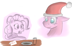 Size: 804x514 | Tagged: safe, artist:itsthinking, character:pinkie pie, bust, clothing, floppy ears, glass, hat, open mouth, plate, pointing, portrait, santa hat, simple background, smiling, surprised, white background