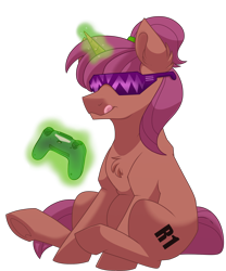 Size: 1500x1800 | Tagged: safe, artist:itstaylor-made, oc, oc only, oc:dobbin, species:pony, species:unicorn, accessories, controller, cool, focus, gamer, gaming, glasses, male, sitting, solo, stallion