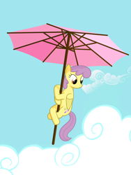 Size: 810x1080 | Tagged: safe, artist:arvaus, character:parasol, species:pegasus, species:pony, anatomically incorrect, background pony, cloud, cloudy, female, flying, incorrect leg anatomy, mare, pun, solo, umbrella, visual gag