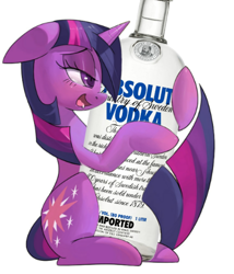 Size: 540x632 | Tagged: safe, artist:kevinsano edits, artist:skutchi, derpibooru original, edit, editor:moonatik, character:twilight sparkle, species:pony, species:unicorn, absolut vodka, alcohol, alcoholism, bedroom eyes, blushing, drool, eyes on the prize, female, floppy ears, holding, hug, looking at something, mare, open mouth, prehensile tail, rubbing, shipping, simple background, sitting, smiling, solo, tail hug, vodka, white background