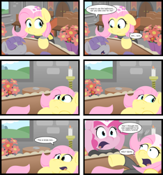 Size: 3635x3887 | Tagged: dead source, safe, artist:jittery-the-dragon, character:boulder, character:fluttershy, character:maud pie, character:pinkie pie, species:pony, bouquet, candle, casket, censored vulgarity, comic, female, flower, funeral, grawlixes, mare, playing dead, potty time, surprised, vulgar, wide eyes