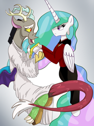 Size: 3000x4000 | Tagged: safe, artist:percy-mcmurphy, character:discord, character:princess celestia, ship:dislestia, celestia is not amused, clothing, disqord, female, floating, holding hooves, jean-luc picard, male, q, robe, shipping, star trek, star trek: the next generation, straight, uniform, voice actor joke