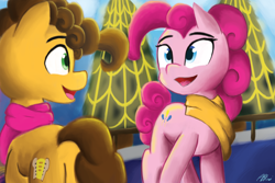 Size: 5400x3600 | Tagged: safe, artist:purpleblackkiwi, character:cheese sandwich, character:pinkie pie, ship:cheesepie, absurd resolution, christmas, clothing, cute, hearth's warming, lights, looking at each other, male, scarf, secret santa, shipping, straight, tree
